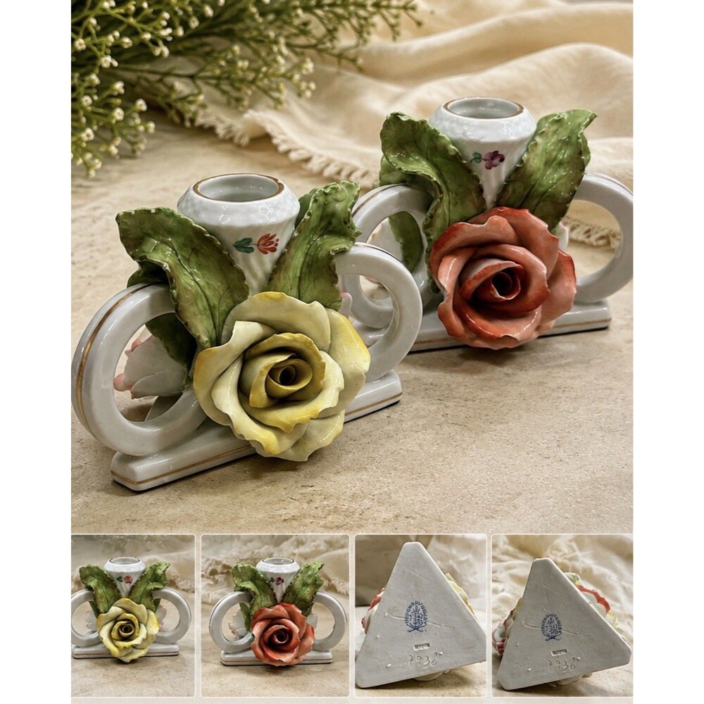 Pair of (2) Herend Candle Holders Candlestick 3 Pink Roses Hand-painted Hungary